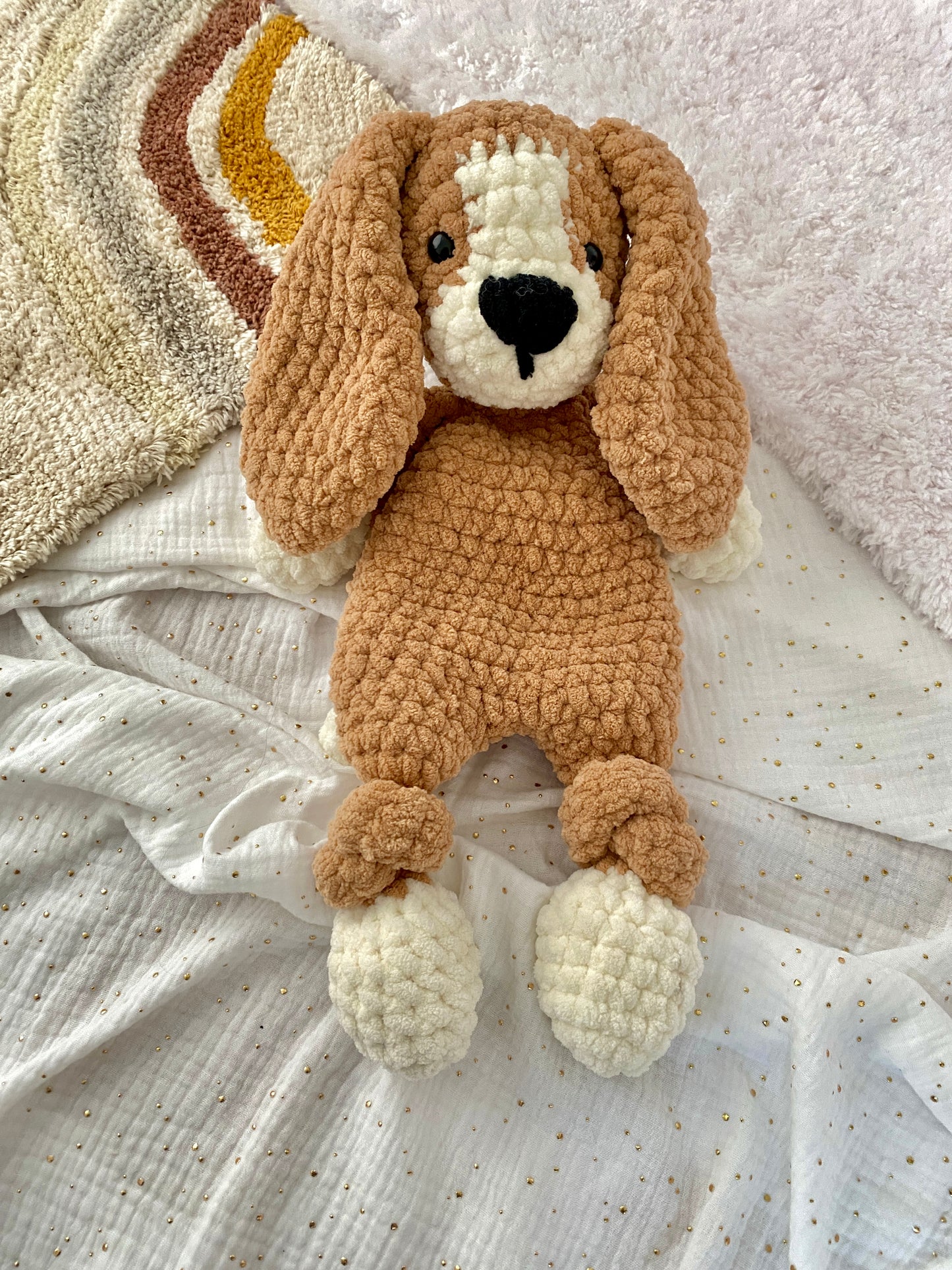 Crochet pattern for a Beagle dog lovey and snuggler, stuffed animal toy made with chenille yarn, perfect for children and emotional support.