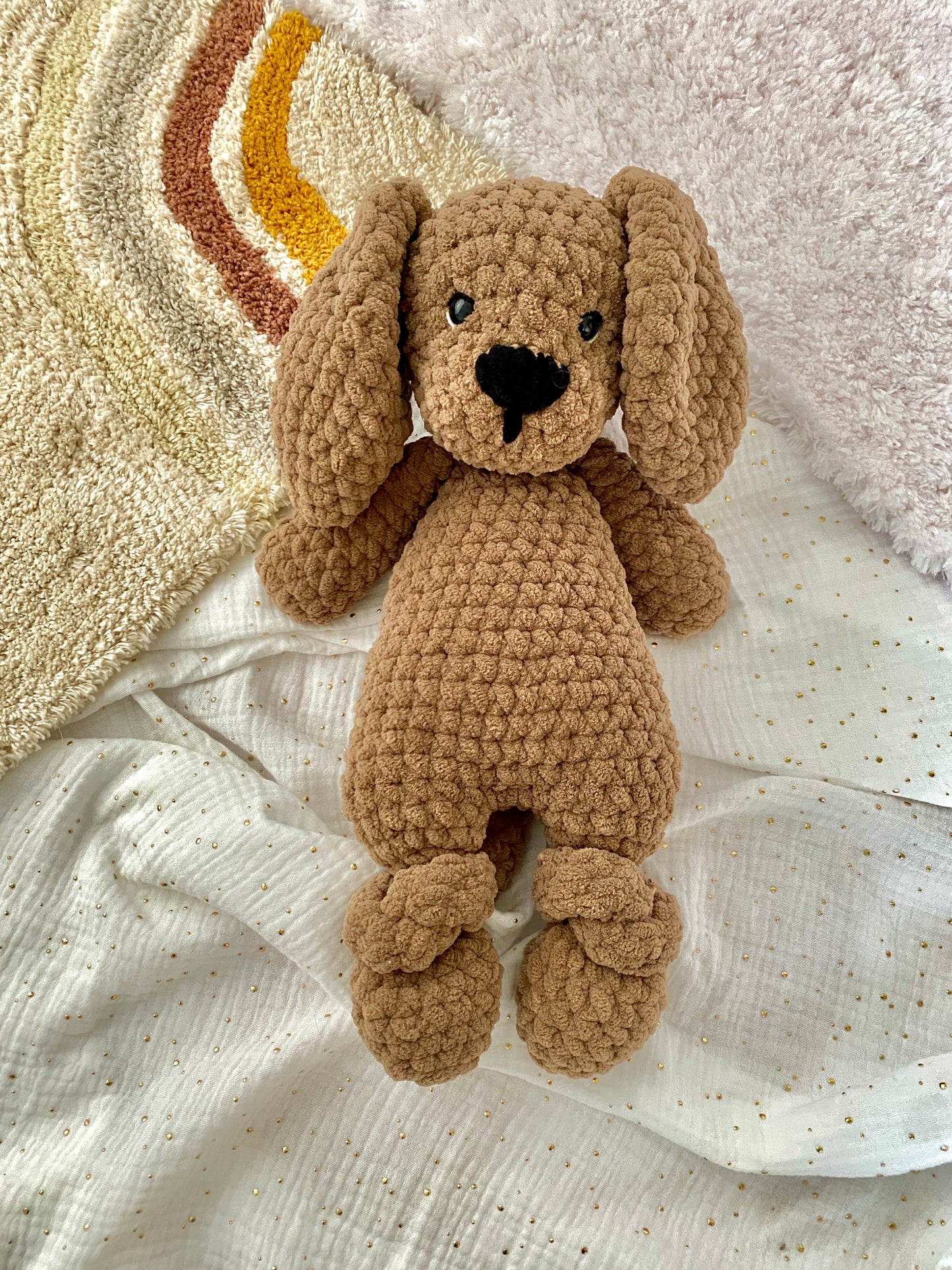 Handmade crocheted chenille Retriever dog lovey toy for children, soft and cuddly comfort blanket, perfect gift for kids