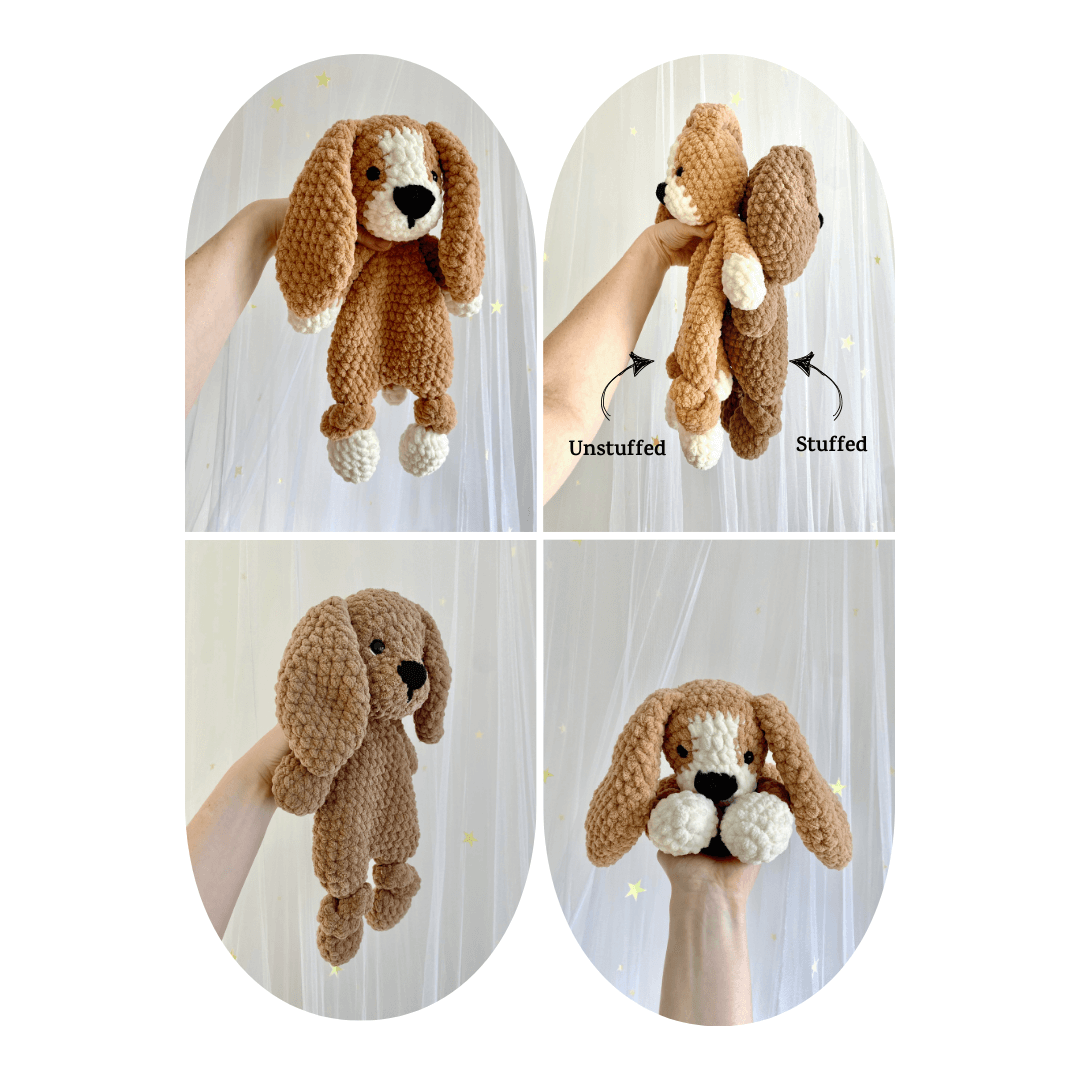 Comparison of stuffed and unstuffed options for the dog crochet pattern, featuring a lovey and stuffed animal plushie design.