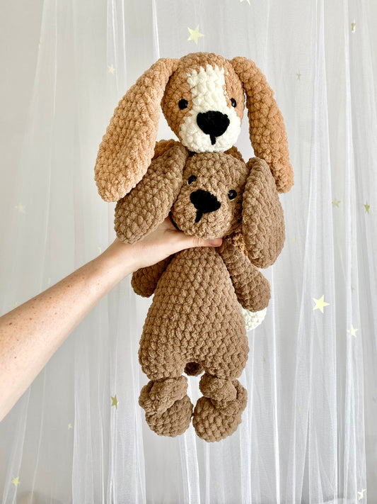 Handmade crocheted chenille Beagle and Retriever dog lovey plushtoy for children, soft and cuddly comfort snuggler, perfect gift for children