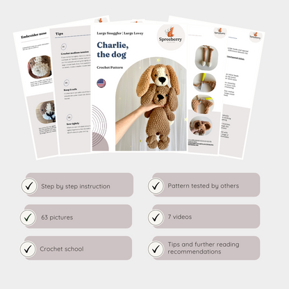 Preview of the crochet pattern PDF file featuring detailed instructions and useful information for crafting a Beagle dog lovey or stuffed animal.