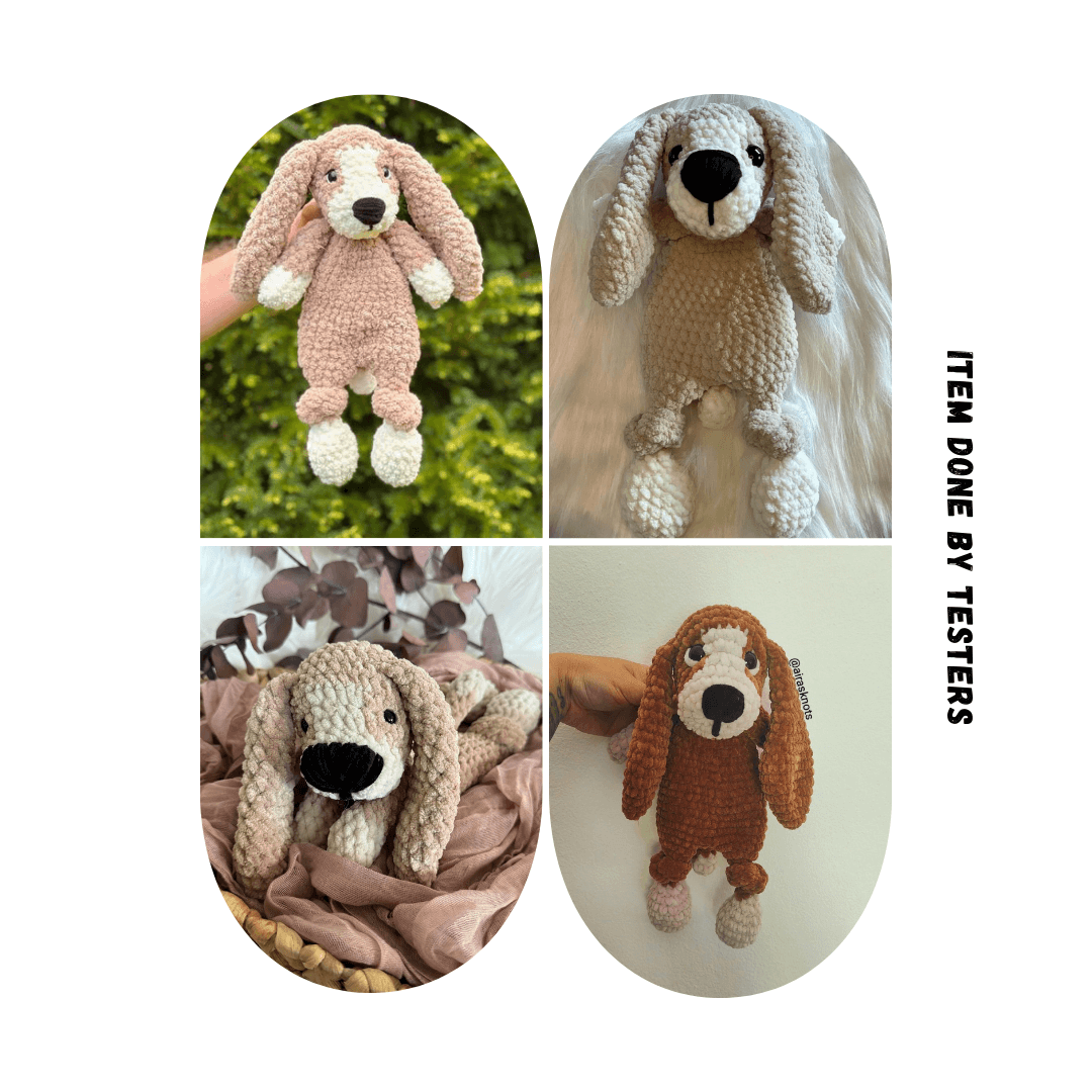 Beagle dog crochet pattern crafted by testers, showcasing handmade lovey, stuffed animal, and plushie designs, ideal for kids' toys and crochet hobbyists.