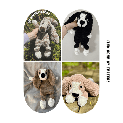 Beagle dog crochet pattern completed by testers, handmade design featuring lovey, stuffed animal, and plushie options, perfect for crochet enthusiasts and kids' toys.