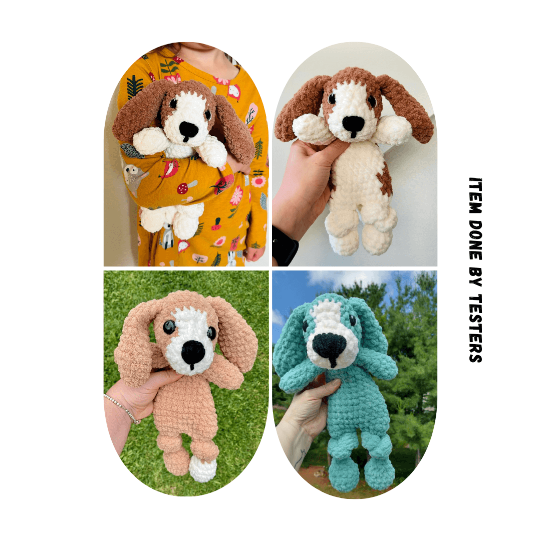 A handmade crocheted beagle puppy plushie crafted with super bulky chenille yarn. The amigurumi-style dog features floppy ears, a round snuggly body, and soft textures. It sits on a cozy fabric surface, showcasing detailed stitches and a handmade aesthetic.
