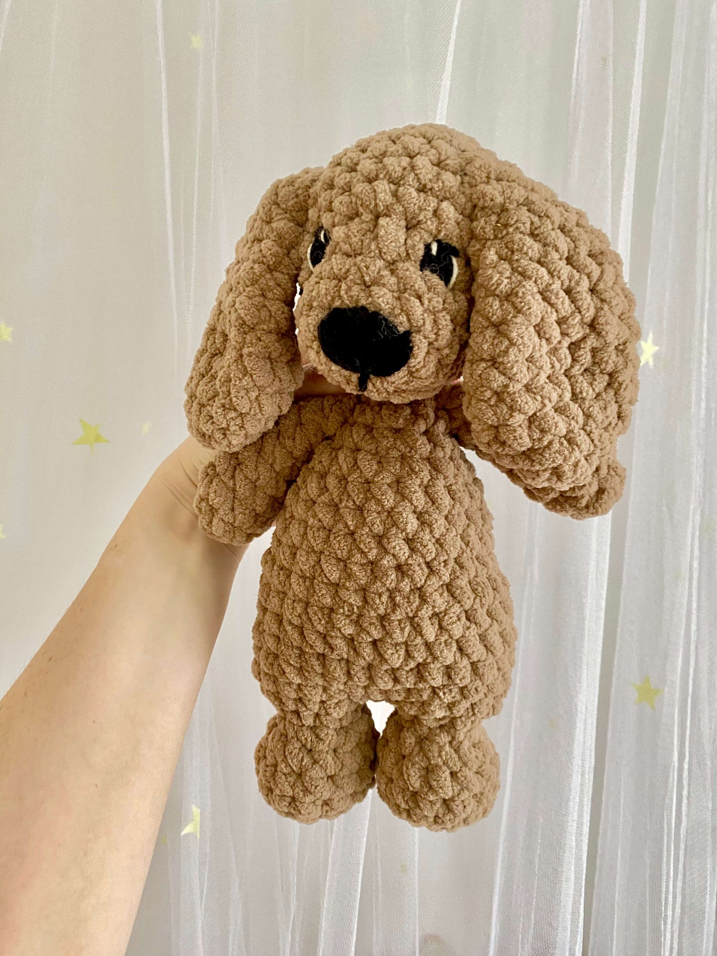 2-in-1 Retriever Puppy Crochet Pattern – Features both a plushie and a lovey design, crafted with super bulky chenille yarn for a soft and huggable texture.
