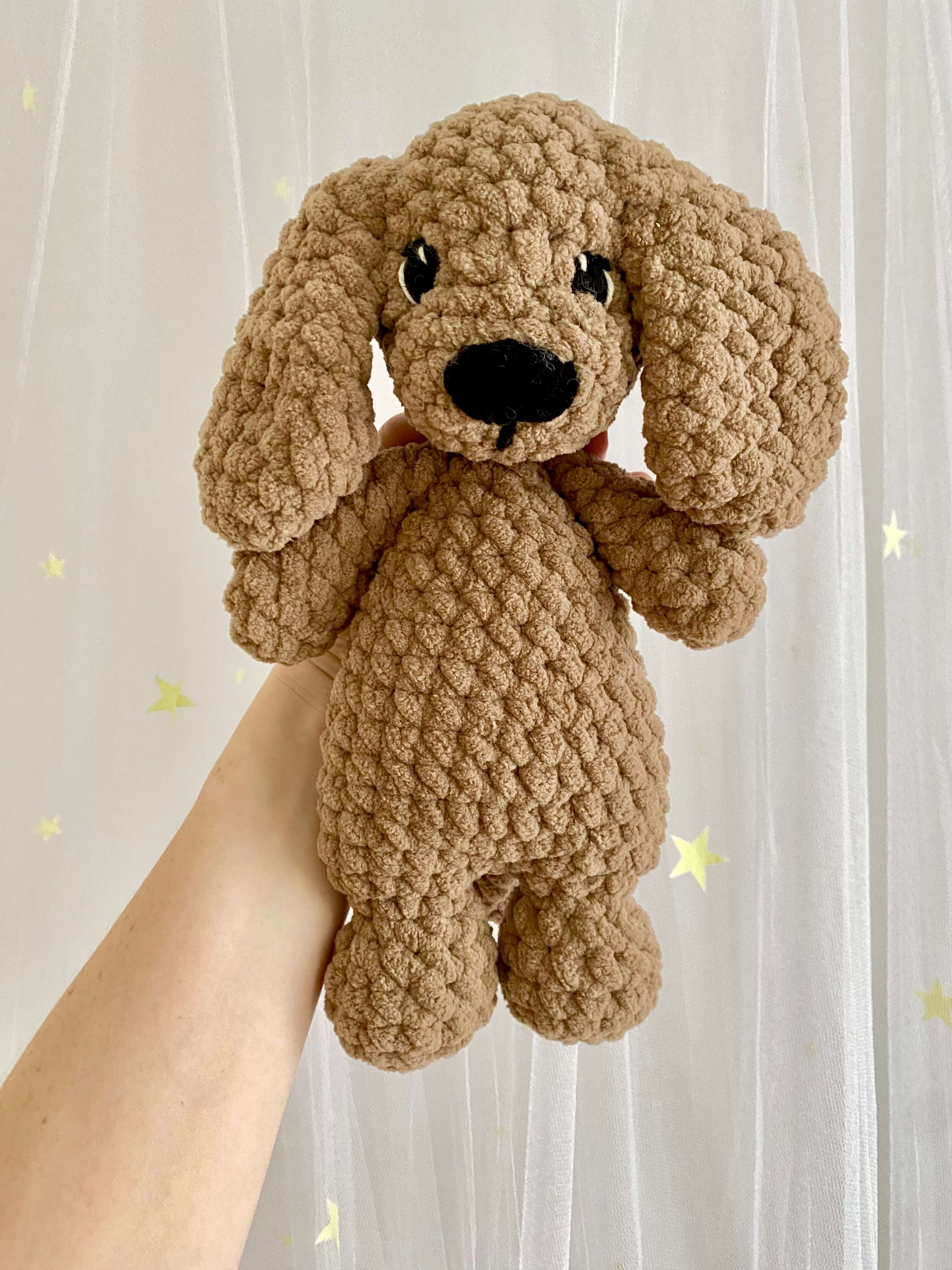 Retriever Puppy Dog Crochet Pattern – A soft and cuddly plushie made with super bulky chenille yarn, perfect as a children’s toy, lovey, or snuggler.