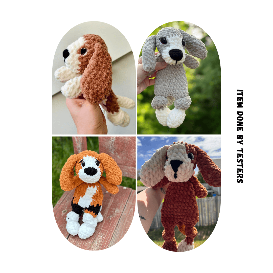 A second crocheted beagle puppy plushie made with super bulky chenille yarn. This amigurumi-style plush features soft floppy ears, a round and huggable body, and a plush texture. It is placed on a wooden surface, adding a warm, handcrafted touch.