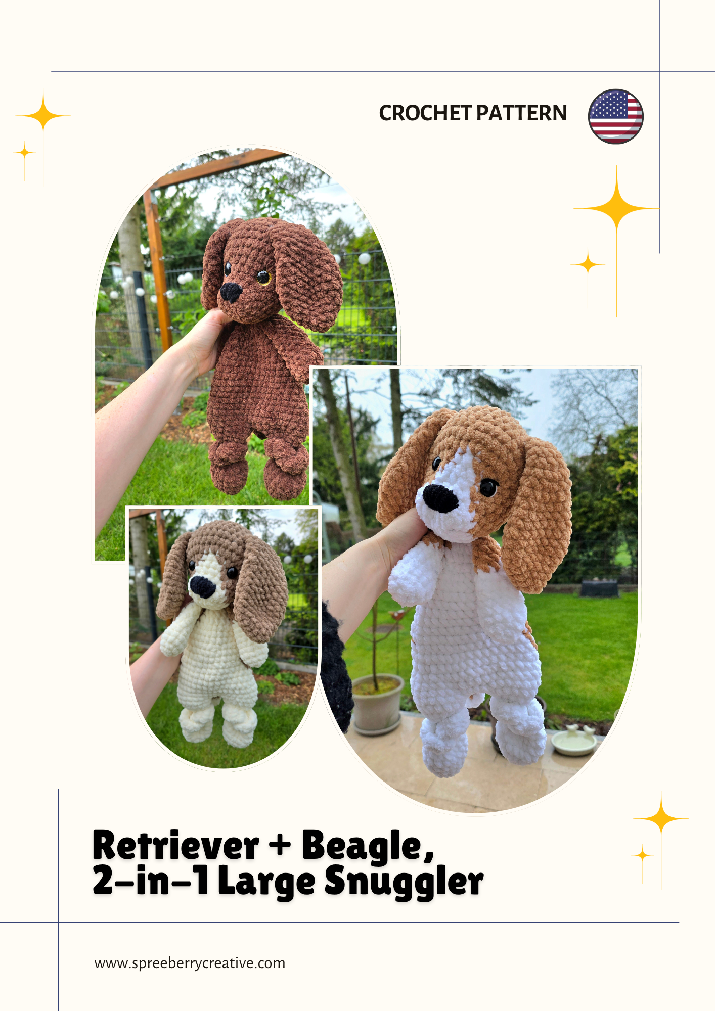 Beagle + Retriever Dog Crochet Pattern, Large Snuggler incl. FULL VIDEO TUTORIAL