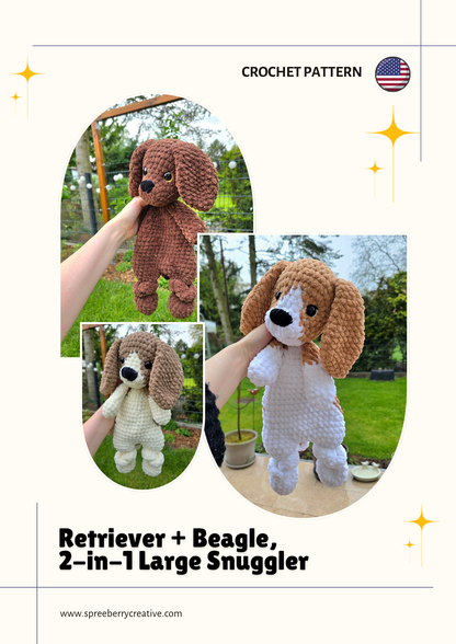 Beagle + Retriever Dog Crochet Pattern, Large Snuggler incl. FULL VIDEO TUTORIAL