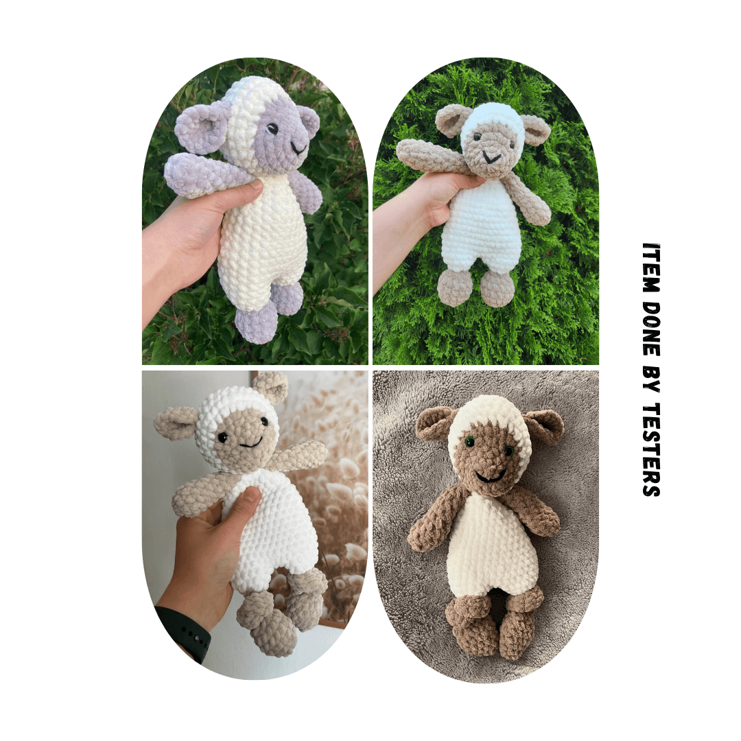 This finished piece by a tester highlights the soft, fluffy texture and knotted lovey base, showcasing the adorable and practical design of the lamb.