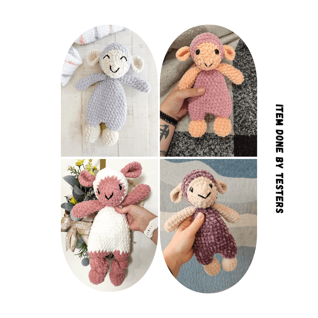 Testers’ Finished Lou the Lamb Plushie" – A beautifully crafted version of the lamb crochet pattern, made by testers, featuring intricate details and the signature knotted lovey base